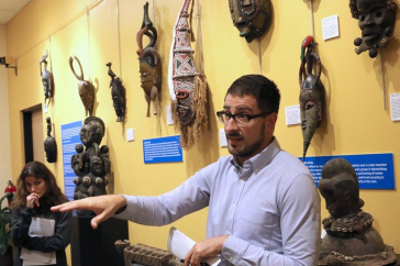 Casey Golomski explaining exhibit
