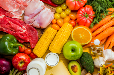 meats, fruits and vegetables