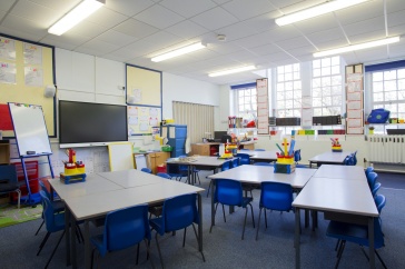 A photo showing an empty elementary school classroom, with desks and school supplies.