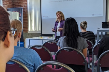 UNH Manchester professor Patricia Halpin lecturing