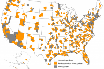 Map graphic showing areas of the United States classified as metropolitan and non-metropolitan areas.