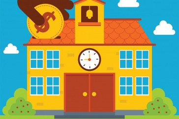 Graphic showing a school house with a person putting a coin into the roof of the school house.