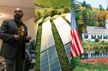 Photo collage showing, from left to right, NH Listens meeting, solar panels, and a NH community