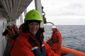 Jennifer Miksis-Olds aboard an ocean-going research vessel.