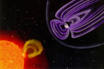 Image of Earth's magnetic field and solar flare from nearby sun.