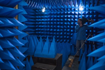All blue room with acoustic pyramid-shaped foam