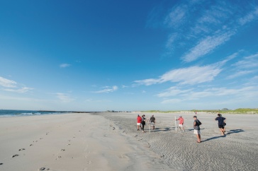 Wide angle shot of engineers measuring beach