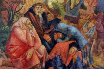 painting of men and women huddled together