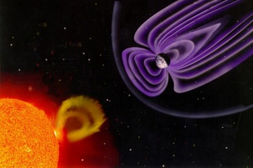Image of solar flare from the Sun and the Earth surrounded by purple magnetic lines.