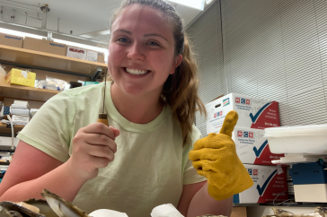 Alyssa Stasse examines oysters collected from the Great Bay Estuary