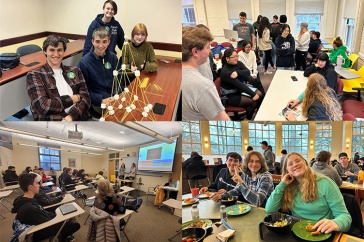 four photos of students in classrooms and the dining hall