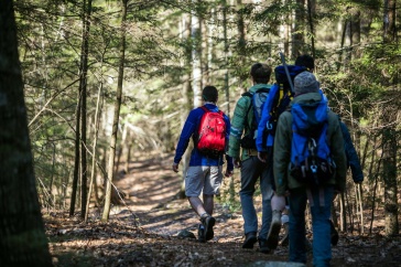 A row of students wearing backpacks walk away from the camera. They wear winter jackets. The ground is covered by dead leaves.