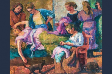 painting of women huddled around ill woman on bed