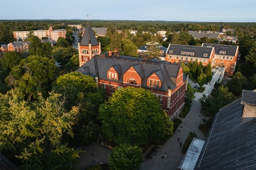 aerial shot of Thompson Hall in early fall