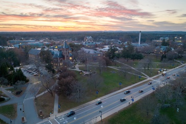 aerial photo of campus at sunset
