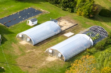 Aerial view of greenhouses at the Woodman Horticultural Research Farm.