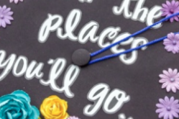 A graduation cap with the words "oh the places you'll go"
