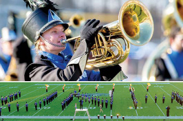 student in marching band; UNH spelled out by marching band on football field.