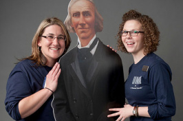 assistant director of Donor Relations Emily Moore ’06 and administrative assistant Lisa Santilli ’11 pose with UNH Founding Benefactor Ben Thompson at the Nov. 14 “A Thousand Thanks” event