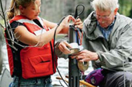 student and professor conducting research on water