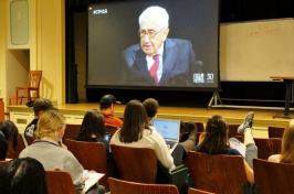 Students at the University of New Hampshire learned about relations with China from Henry Kissinger on Tuesday night. (KIMBERLEY HAAS/Union Leader Correspondent)