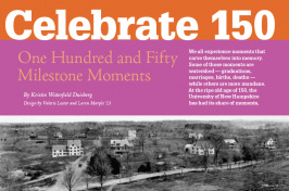 Celebrate 150: One Hundred and Fifty Milestone Moments feature cover page from the UNH Magazine