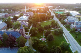 aerial of UNH campus at sunset