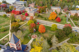 aerial of Thompson Hall and lawn on UNH's Durham campus