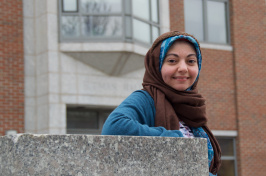 UNH student Yussra Ebrahim outside Rudman on campus