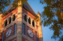 The clock tower at UNH's Thompson Hall