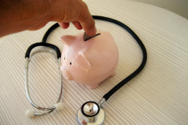 a person putting a coin into a piggy bank which is surrounded by a stethoscope (CREDIT 401(K)2013 / FLICKR)