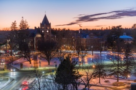 UNH campus, with Thompson Hall, at sunset, January 2016