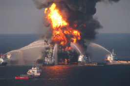 Fire boat crews battle the fire on the off shore oil rig Deepwater Horizon in 2010.