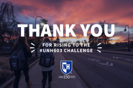 UNH students walking toward Thompson Hall at sunset with text saying thank you for rising to the #UNH603 Challenge