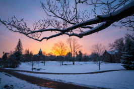 UNH Durham campus at sunset in December 2017