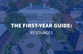 an aerial view of UNH's Durham campus with the overlaid text The First Year Guide: Resources