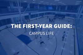 aerial view of a basketball court in the UNH Hamel Recreation Center with overlaid text The First Year Guide: Campus Life