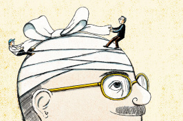 an illustration of two men tying a bandage on a third man's head