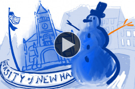 illustration of UNH's Thompson Hall and a snowman