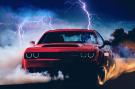 Dodge Demon with lightning in the background