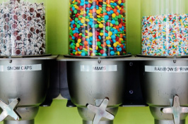 containers of Snow Caps, M&M's and rainbow sprinkles at Fro-Zone in Durham, NH