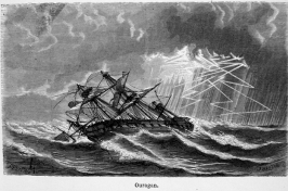 The sailing ship Ouragan — depicted in “Les Meteores” by Margolle and Zurcher, 3rd edition, published in 1869 — labors at sea under hurricane conditions. Credit: NOAA Photo Library.