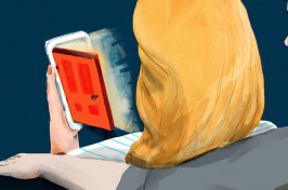 illustration by Maria Fabrizio for NPR of a woman looking at a door opening on her phone and a man's arm around her