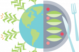 an illustration of corn plants growing out of the earth and a plate of food