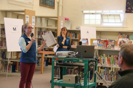 Lisa Graichen of NH Sea Grant and UNH Cooperative Extension and Amanda Stone of Extension speak to parents at a Climate in the Classroom event