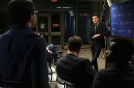 a student asks Jason Kander a question at American University in Washington D.C.