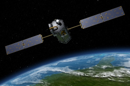 Artist's rendering of a satellite in space above Earth. 