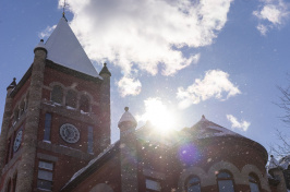 A view of Thompson hall in winter