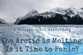 Arctic mountains and sea with text "the Arctic is melting. Is it time to panic?"
