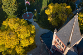 An aerial view of UNH's Thompson Hall